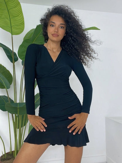 Yanları Lastikli Eteği Volanlı Sandy Mini Elbise -Siyah