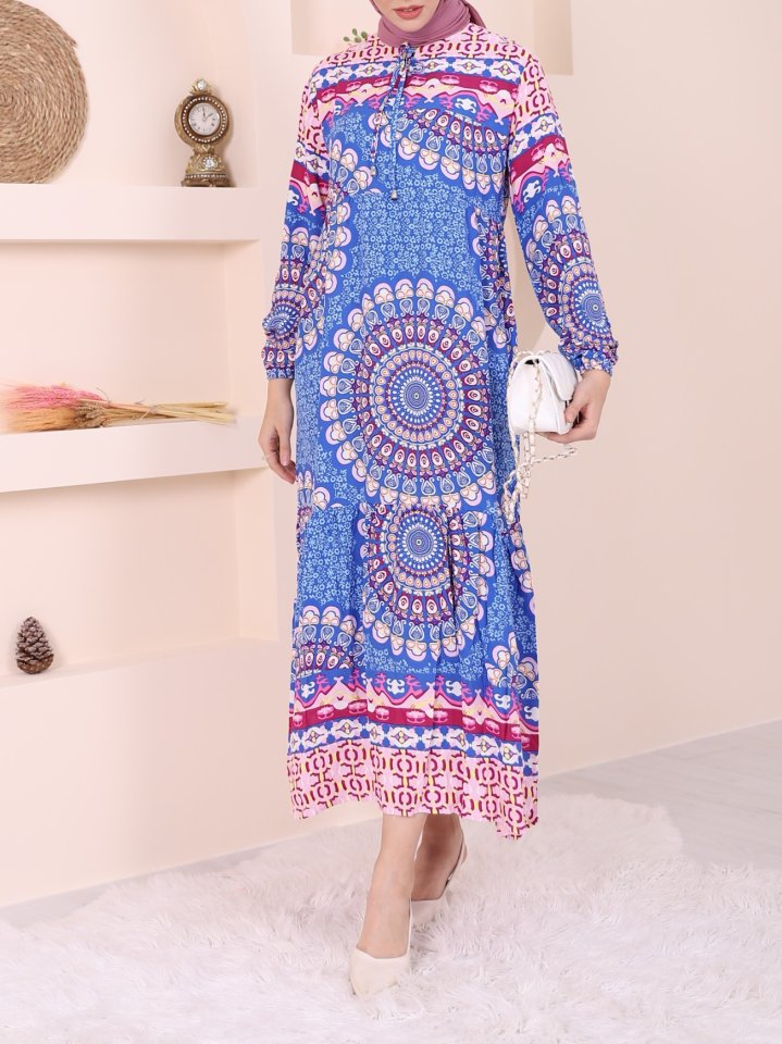 Parçalı Deseli Bağcıklı Kolu Lastikli Elbise  -Mavi