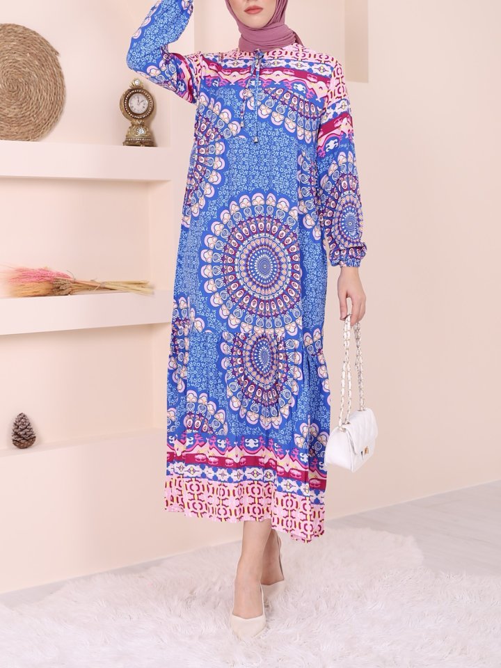 Parçalı Deseli Bağcıklı Kolu Lastikli Elbise  -Mavi