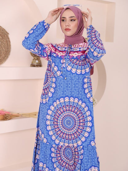 Parçalı Deseli Bağcıklı Kolu Lastikli Elbise  -Mavi