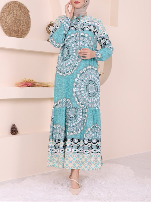 Parçalı Deseli Bağcıklı Kolu Lastikli Elbise  -Mint