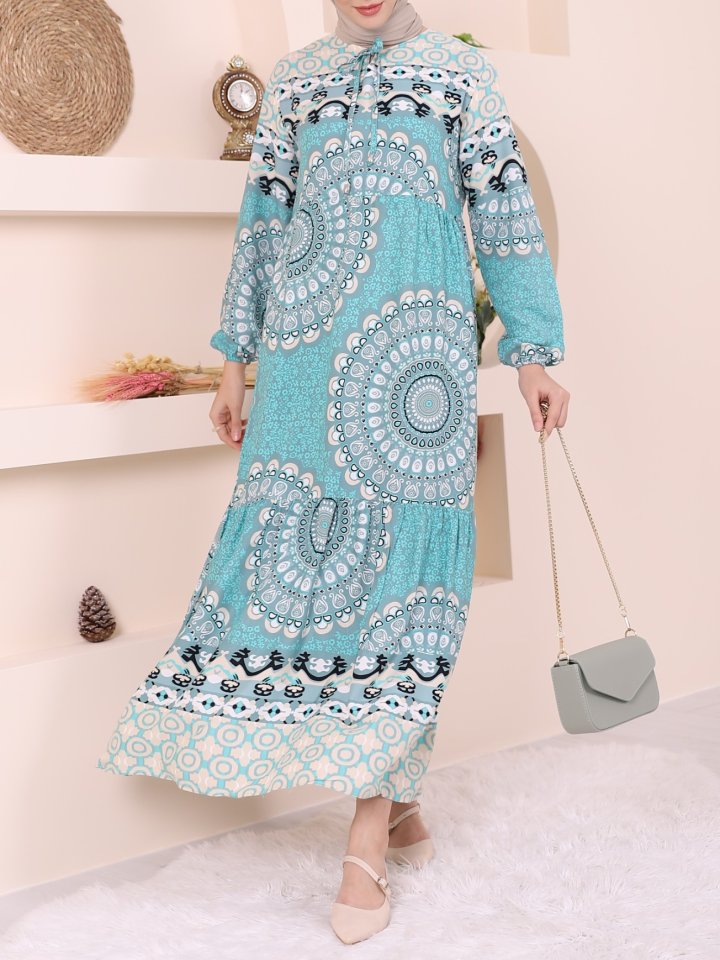 Parçalı Deseli Bağcıklı Kolu Lastikli Elbise  -Mint