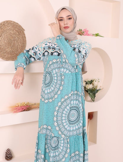 Parçalı Deseli Bağcıklı Kolu Lastikli Elbise  -Mint