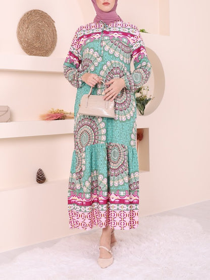 Parçalı Deseli Bağcıklı Kolu Lastikli Elbise  -Yeşil