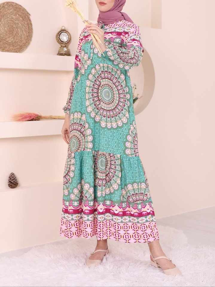 Parçalı Deseli Bağcıklı Kolu Lastikli Elbise  -Yeşil