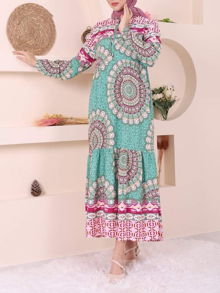 Parçalı Deseli Bağcıklı Kolu Lastikli Elbise  -Yeşil