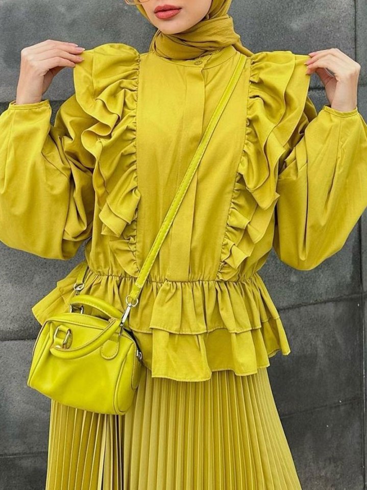 Önü Ve Eteği Fırfırlı Beli Lastikli Gömlek -Yağ Yeşili