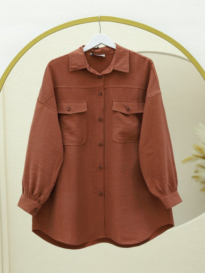 Çift Cepli Boydan Düğmeli Gömlek -Kiremit