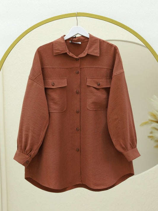 Çift Cepli Boydan Düğmeli Gömlek -Kiremit