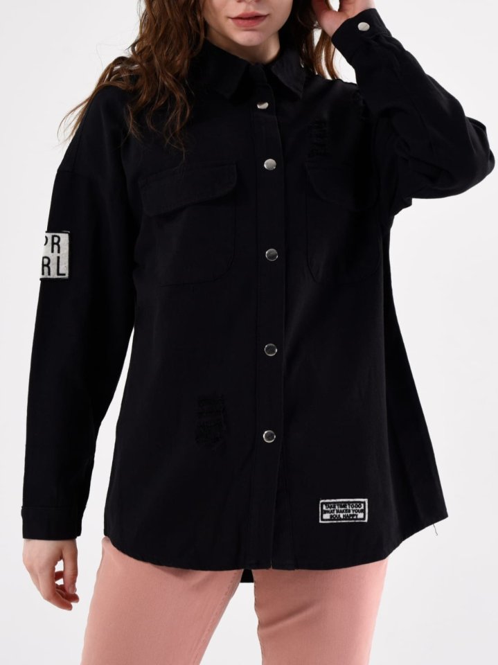 Boydan Çıtçıtlı Çift Cepli Yıpratma Detaylı Kot Ceket -Siyah