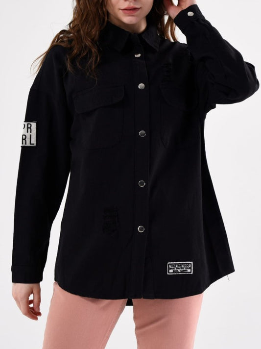 Boydan Çıtçıtlı Çift Cepli Yıpratma Detaylı Kot Ceket -Siyah