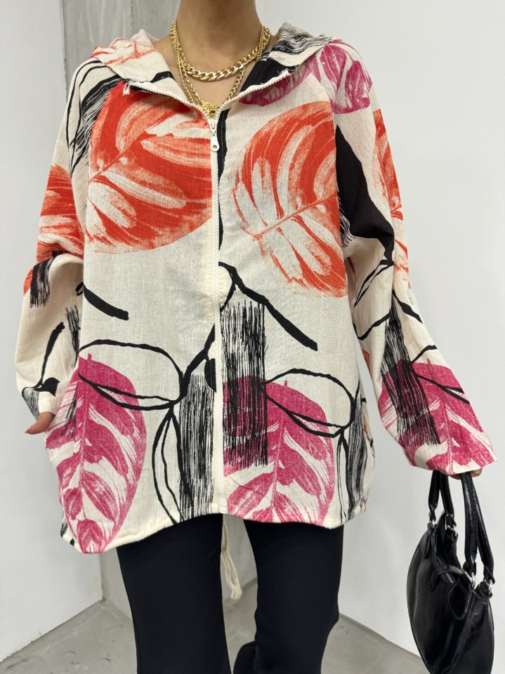 Desenli Fermuarlı Sabit Kapşonlu Keten Ceket -Turuncu