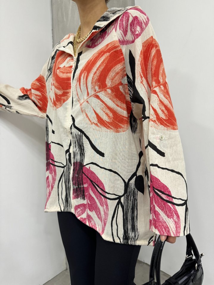 Desenli Fermuarlı Sabit Kapşonlu Keten Ceket -Turuncu