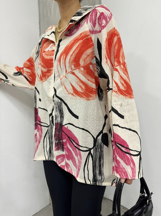 Desenli Fermuarlı Sabit Kapşonlu Keten Ceket -Turuncu