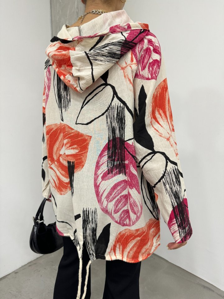 Desenli Fermuarlı Sabit Kapşonlu Keten Ceket -Turuncu