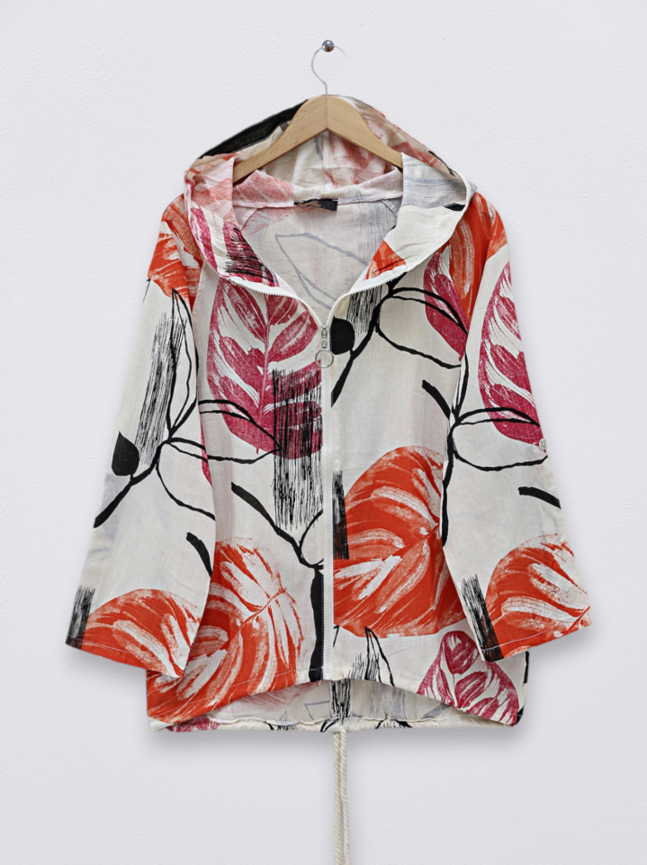 Desenli Fermuarlı Sabit Kapşonlu Keten Ceket -Turuncu