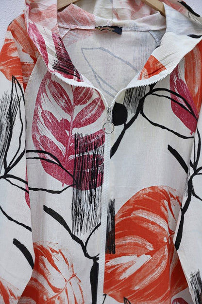 Desenli Fermuarlı Sabit Kapşonlu Keten Ceket -Turuncu