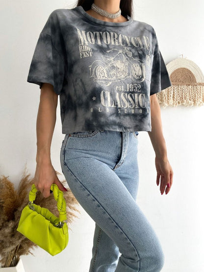 Motosiklet Baskılı Yıkamalı Crop Tişort -Gri
