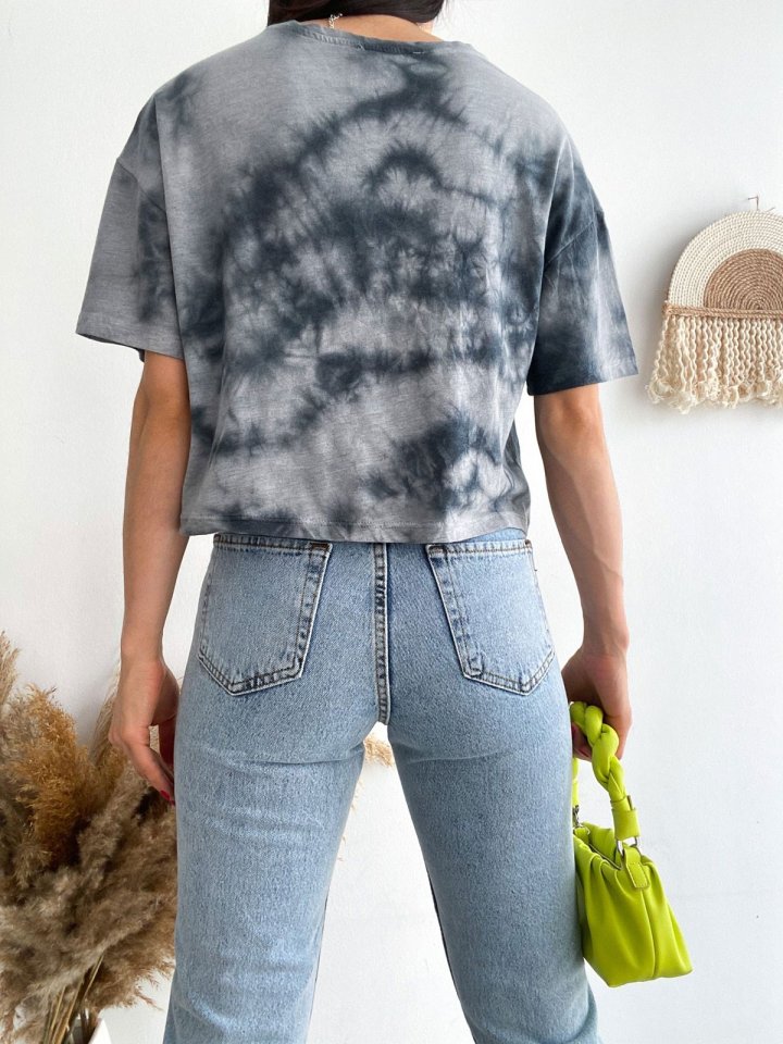 Motosiklet Baskılı Yıkamalı Crop Tişort -Gri