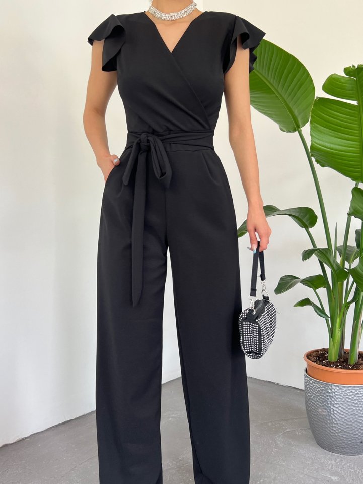 Fermuar Detaylı Fırfırlı Tulum -Siyah