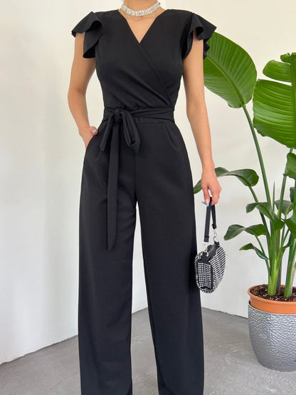 Fermuar Detaylı Fırfırlı Tulum -Siyah