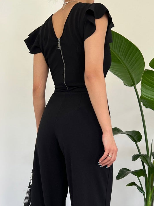 Fermuar Detaylı Fırfırlı Tulum -Siyah