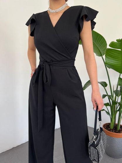 Fermuar Detaylı Fırfırlı Tulum -Siyah