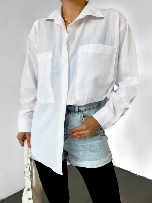 Çift Cepli Arkası Uzun Gofre Gömlek -Beyaz