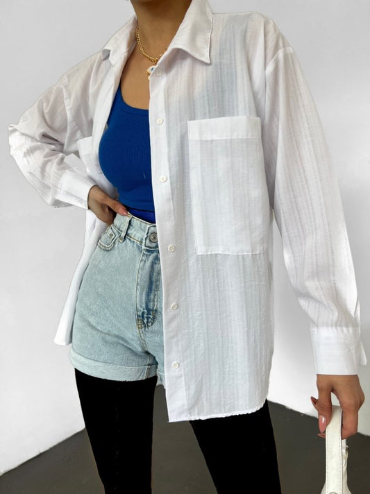 Çift Cepli Arkası Uzun Gofre Gömlek -Beyaz