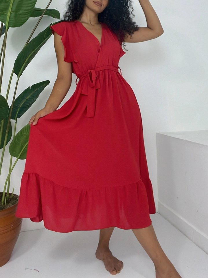 Omuzları Fırfırlı Sıfır Kol Beli Lastikli Bağcıklı Ayrobin Elbise -Kırmızı