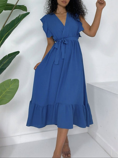 Omuzları Fırfırlı Sıfır Kol Beli Lastikli Bağcıklı Ayrobin Elbise -Koyu Mavi