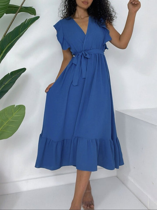 Omuzları Fırfırlı Sıfır Kol Beli Lastikli Bağcıklı Ayrobin Elbise -Koyu Mavi