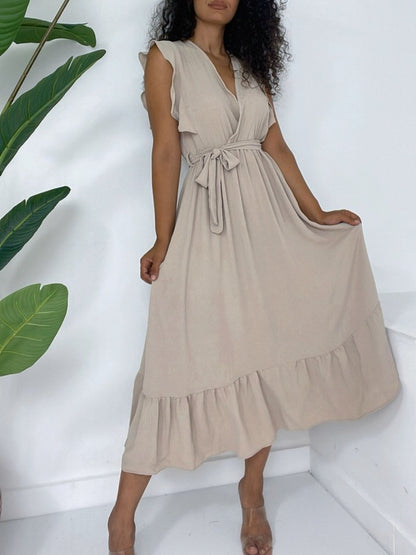 Omuzları Fırfırlı Sıfır Kol Beli Lastikli Bağcıklı Ayrobin Elbise -Vizon