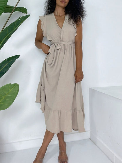 Omuzları Fırfırlı Sıfır Kol Beli Lastikli Bağcıklı Ayrobin Elbise -Vizon