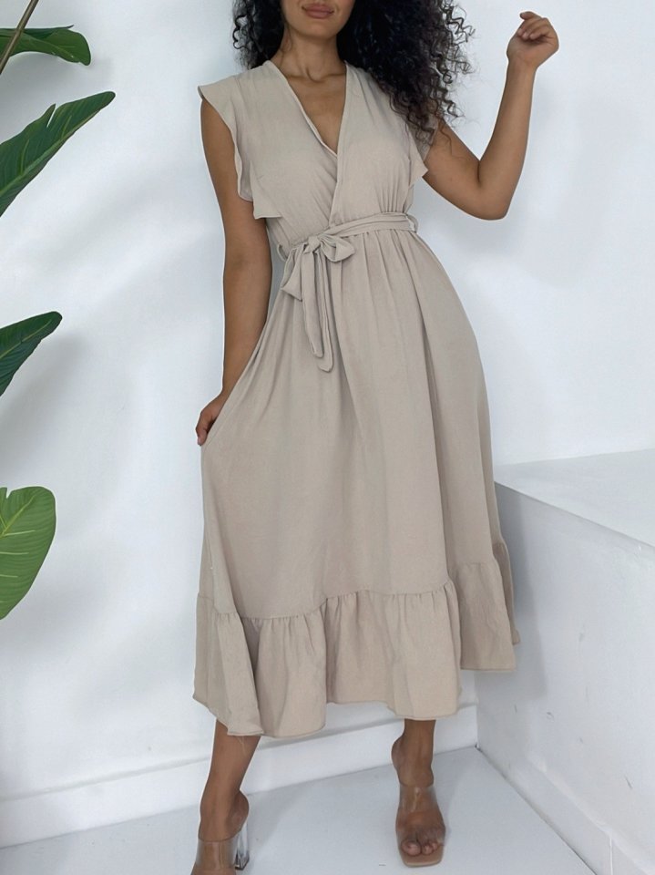 Omuzları Fırfırlı Sıfır Kol Beli Lastikli Bağcıklı Ayrobin Elbise -Vizon