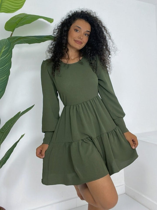 Yuvarlak Yaka Beli Lastikli Eteği Katlı Ayrobin Elbise -Haki