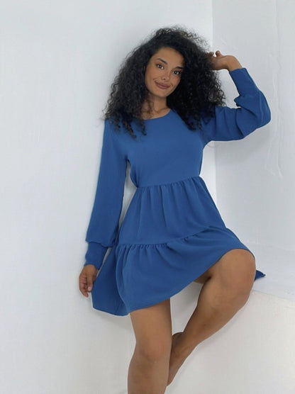 Yuvarlak Yaka Beli Lastikli Eteği Katlı Ayrobin Elbise -İndigo