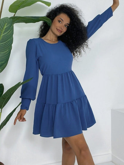 Yuvarlak Yaka Beli Lastikli Eteği Katlı Ayrobin Elbise -İndigo