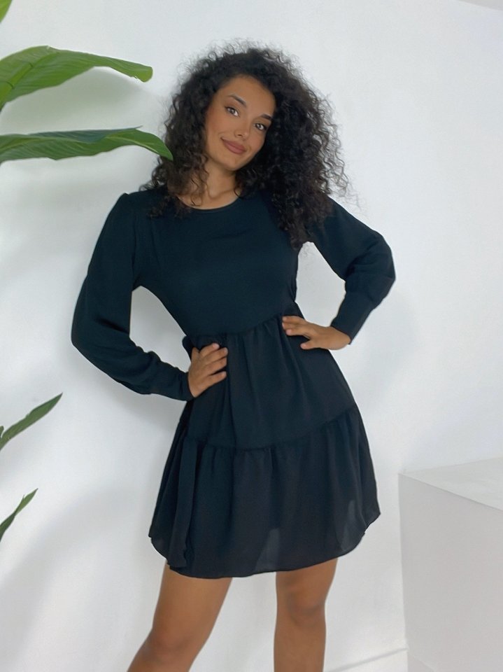 Yuvarlak Yaka Beli Lastikli Eteği Katlı Ayrobin Elbise -Siyah