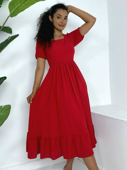 Kare Yaka Beli Lastikli Kısa Kol Ayrobin Elbise -Kırmızı