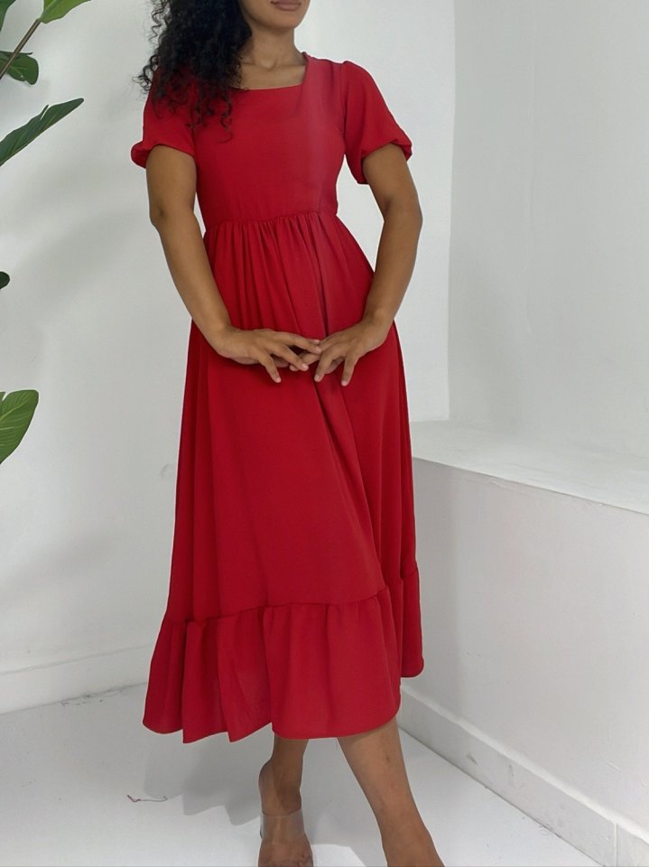 Kare Yaka Beli Lastikli Kısa Kol Ayrobin Elbise -Kırmızı