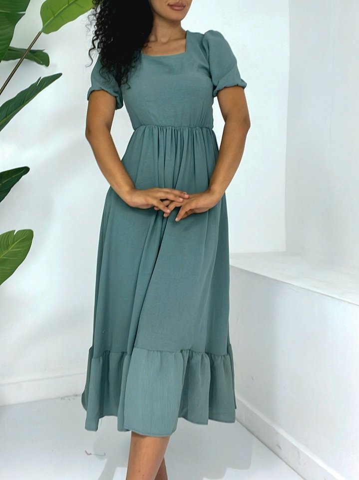 Kare Yaka Beli Lastikli Kısa Kol Ayrobin Elbise -Mint