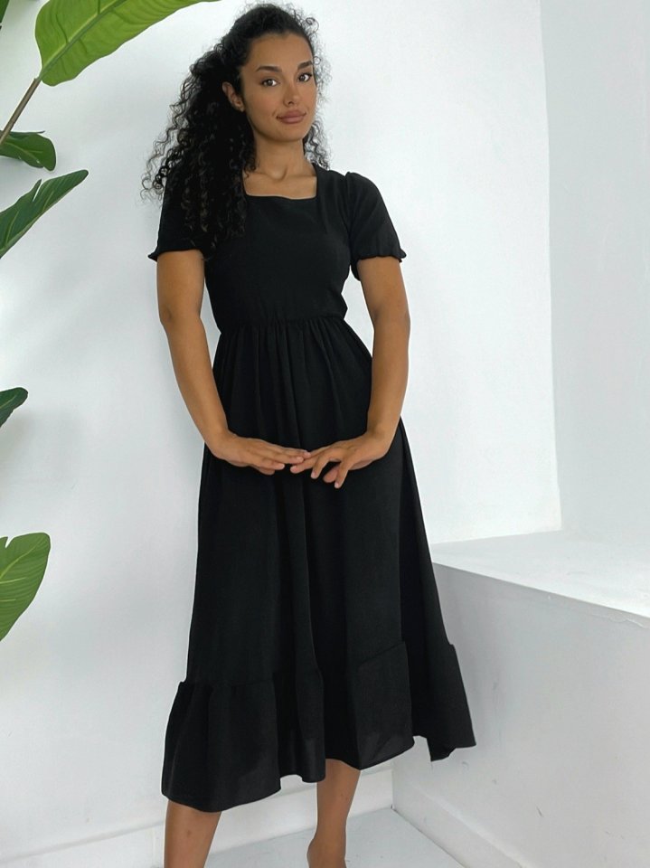 Kare Yaka Beli Lastikli Kısa Kol Ayrobin Elbise -Siyah