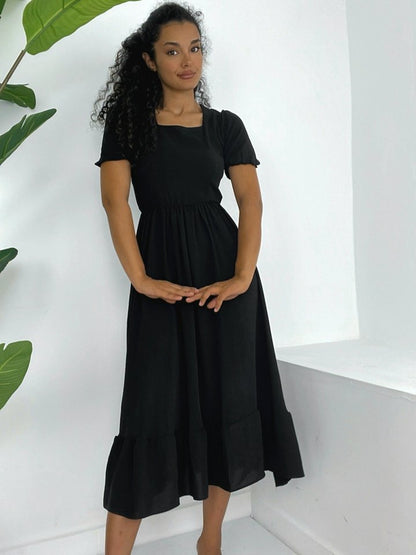 Kare Yaka Beli Lastikli Kısa Kol Ayrobin Elbise -Siyah