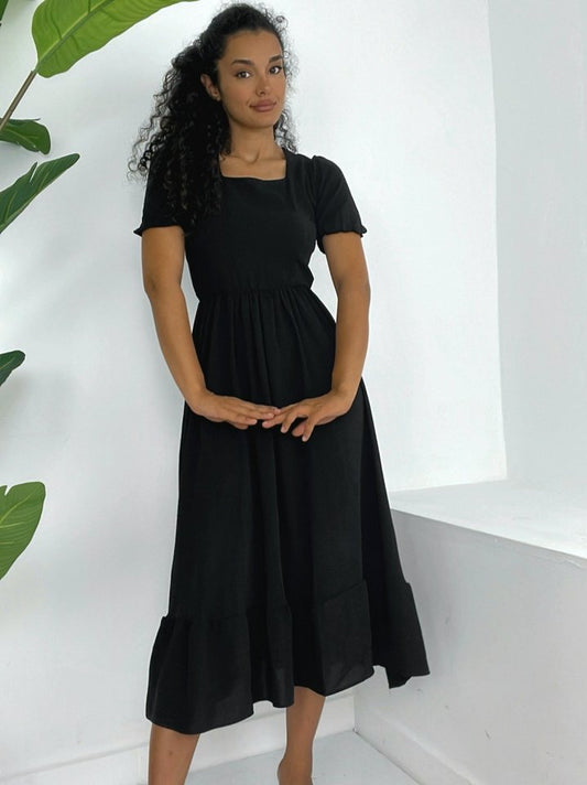 Kare Yaka Beli Lastikli Kısa Kol Ayrobin Elbise -Siyah