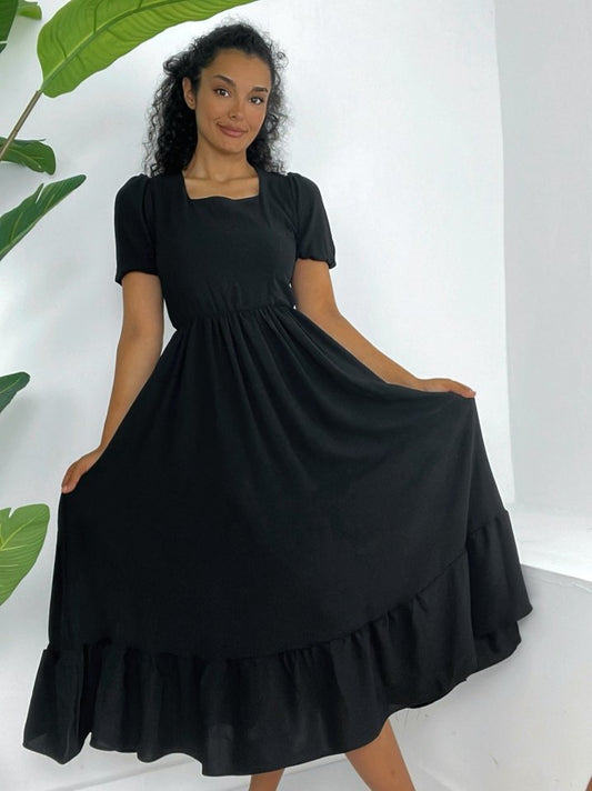 Kare Yaka Beli Lastikli Kısa Kol Ayrobin Elbise -Siyah
