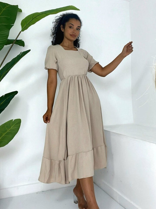 Kare Yaka Beli Lastikli Kısa Kol Ayrobin Elbise -Vizon