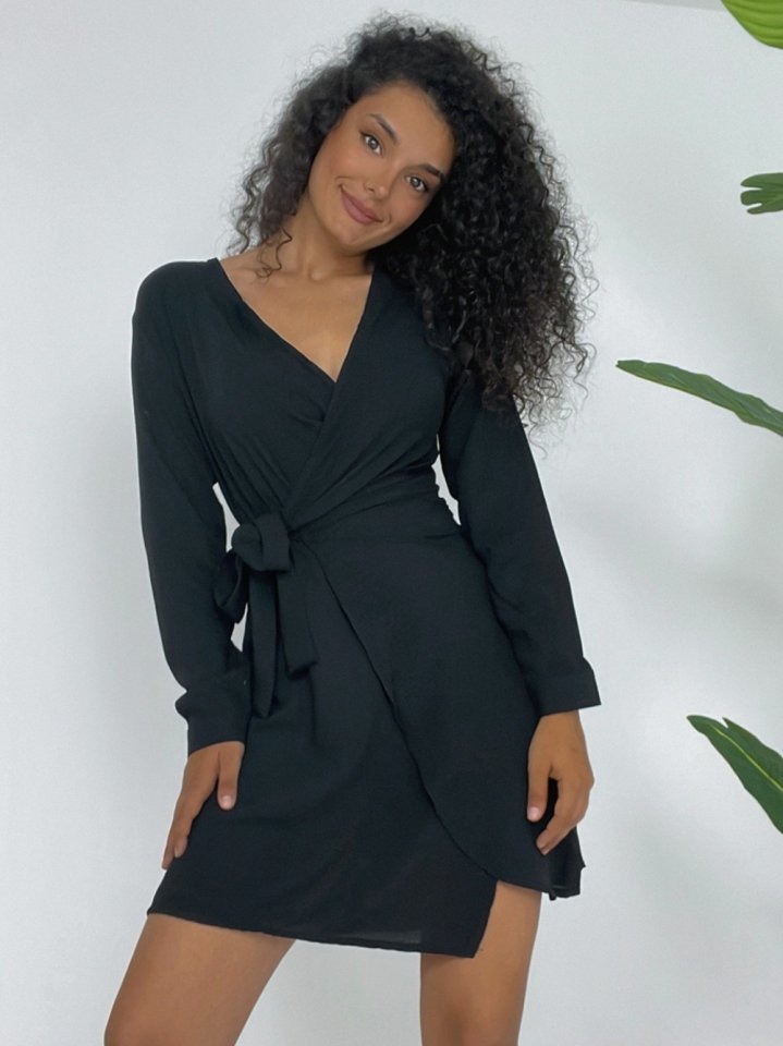 Kruvaze Yaka Bağlamalı Fırfırlı Ayrobin Elbise -Siyah