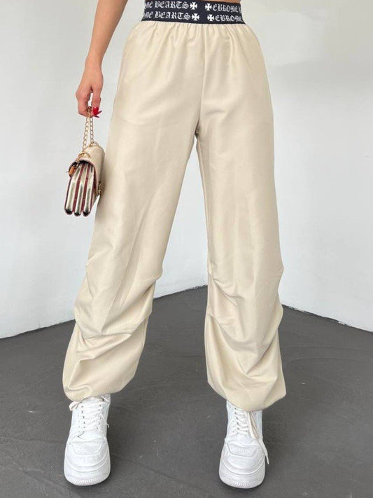 Beli Bantlı Paçası Lastikli Pantolon -Bej
