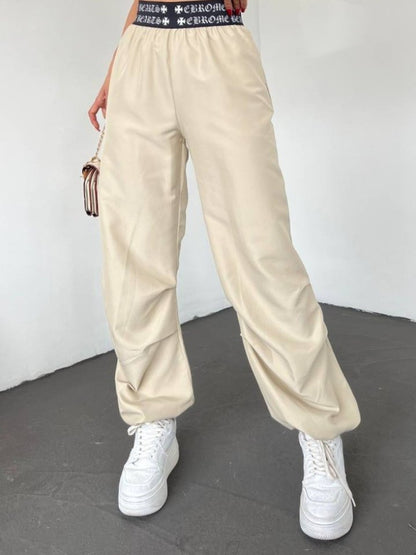Beli Bantlı Paçası Lastikli Pantolon -Bej